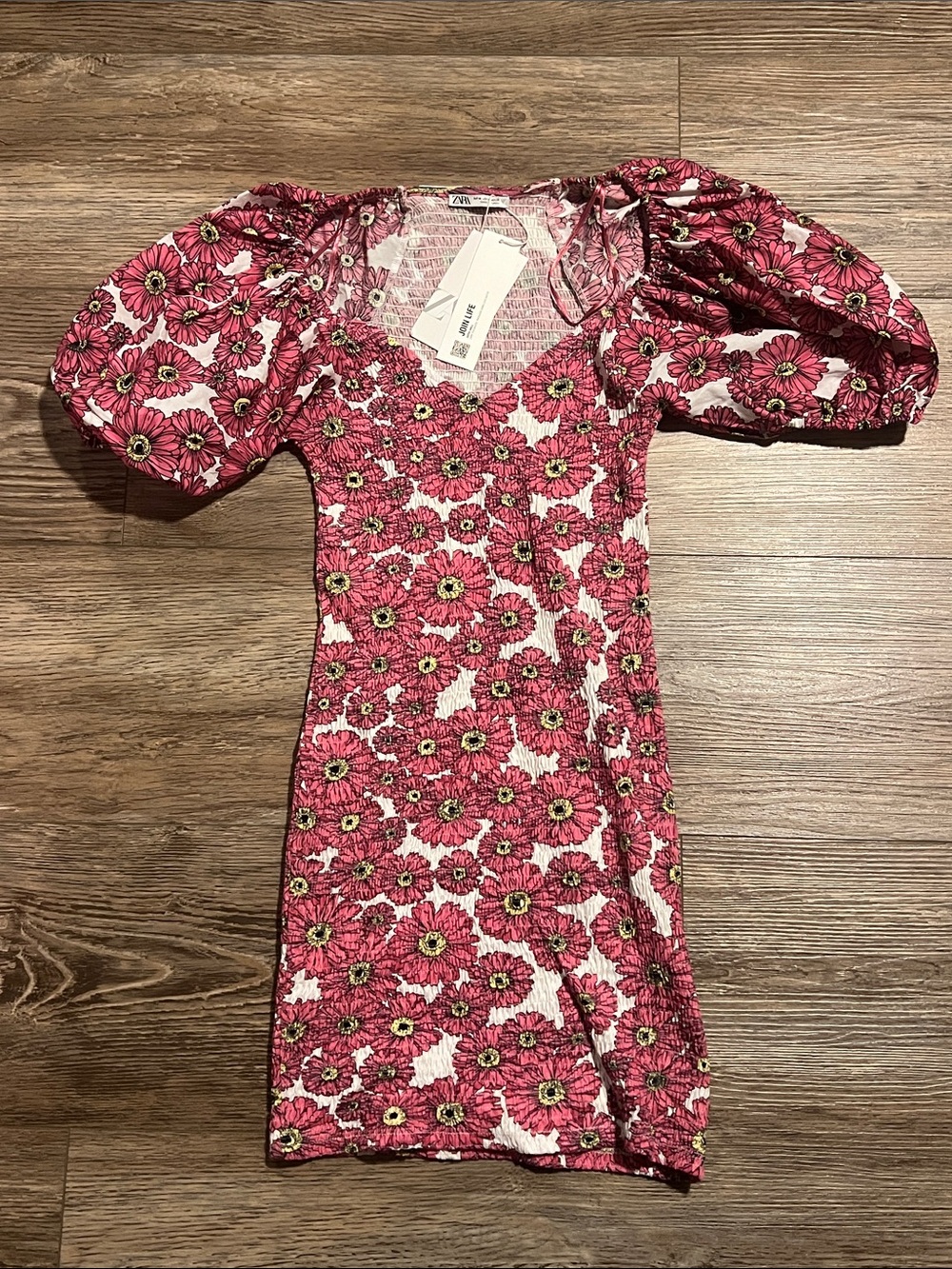 Zara Fuchsia Floral Puff-Sleeve Mini Dress NWT